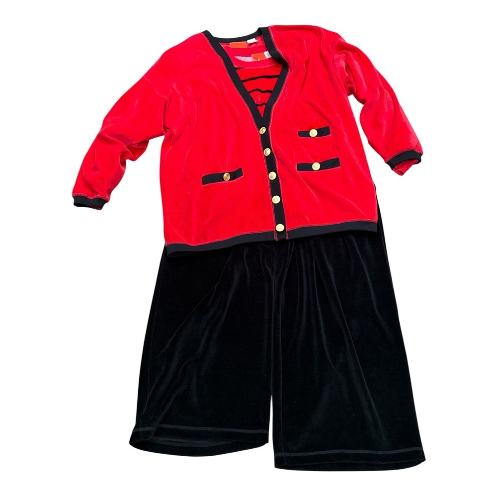 Vintage Liz & Co Velour 3 Piece Red Black Cardigan Pants Cropped Sweater Medium